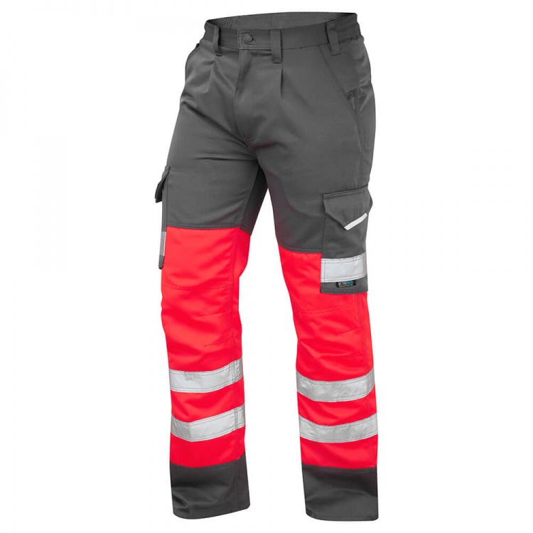 Leo Workwear CT01-R/GY Bideford Superior Hi Vis Trousers Red / Grey